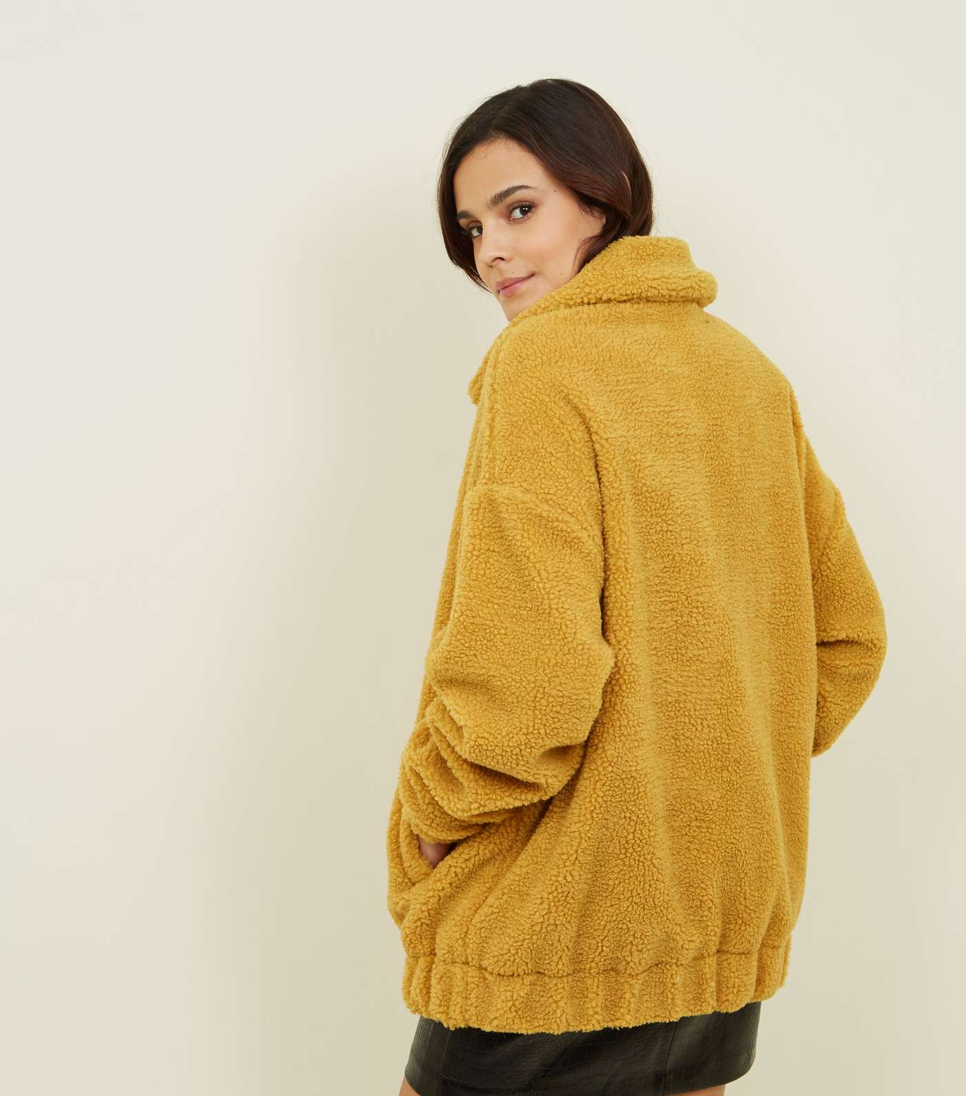Yellow Faux Teddy Fur Bomber Jacket Image 3