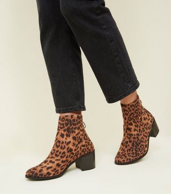 Wide Fit Tan Suedette Leopard Print Ankle Boots New Look