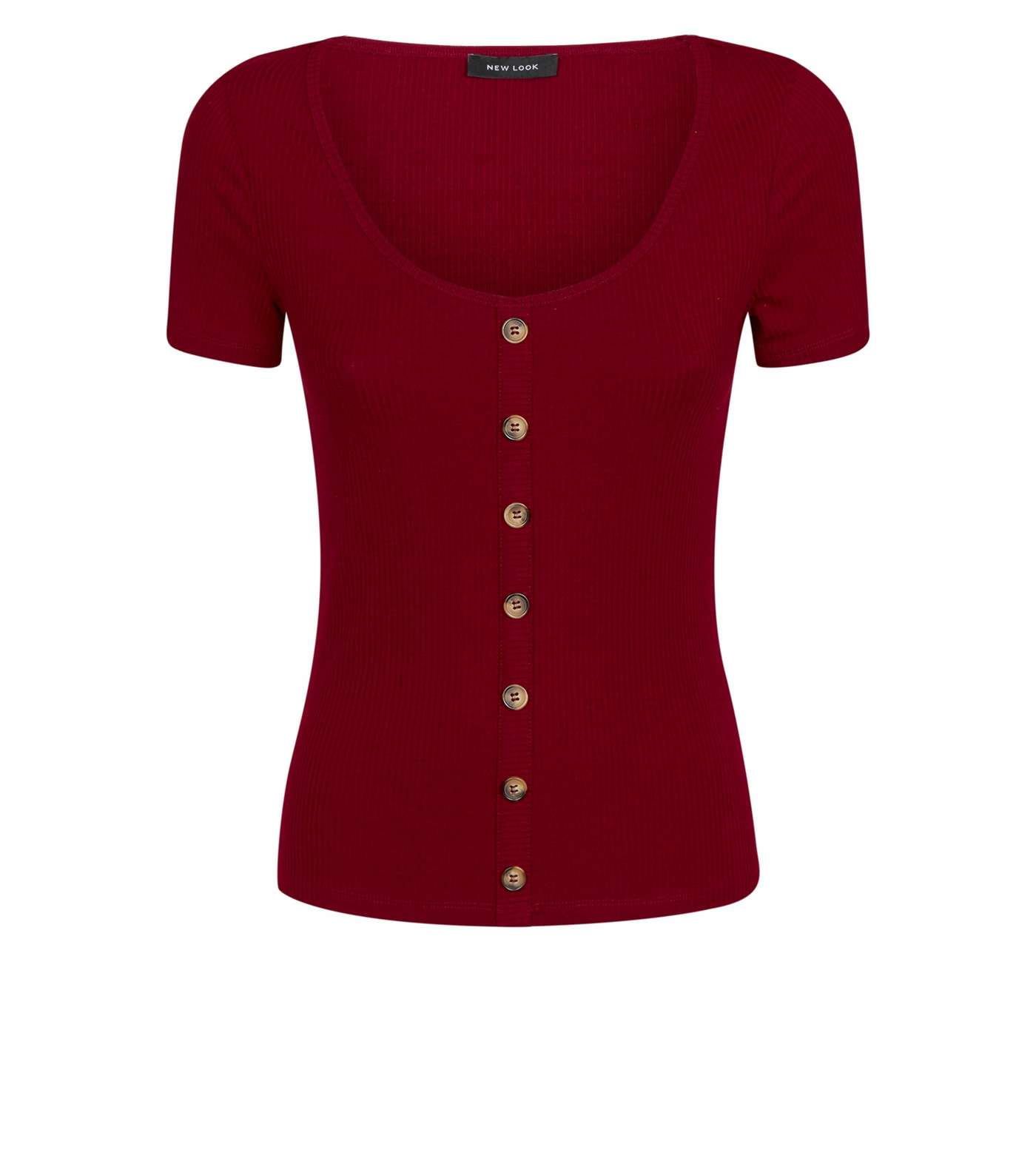 Burgundy Button Trough Ribbed T-Shirt Image 4