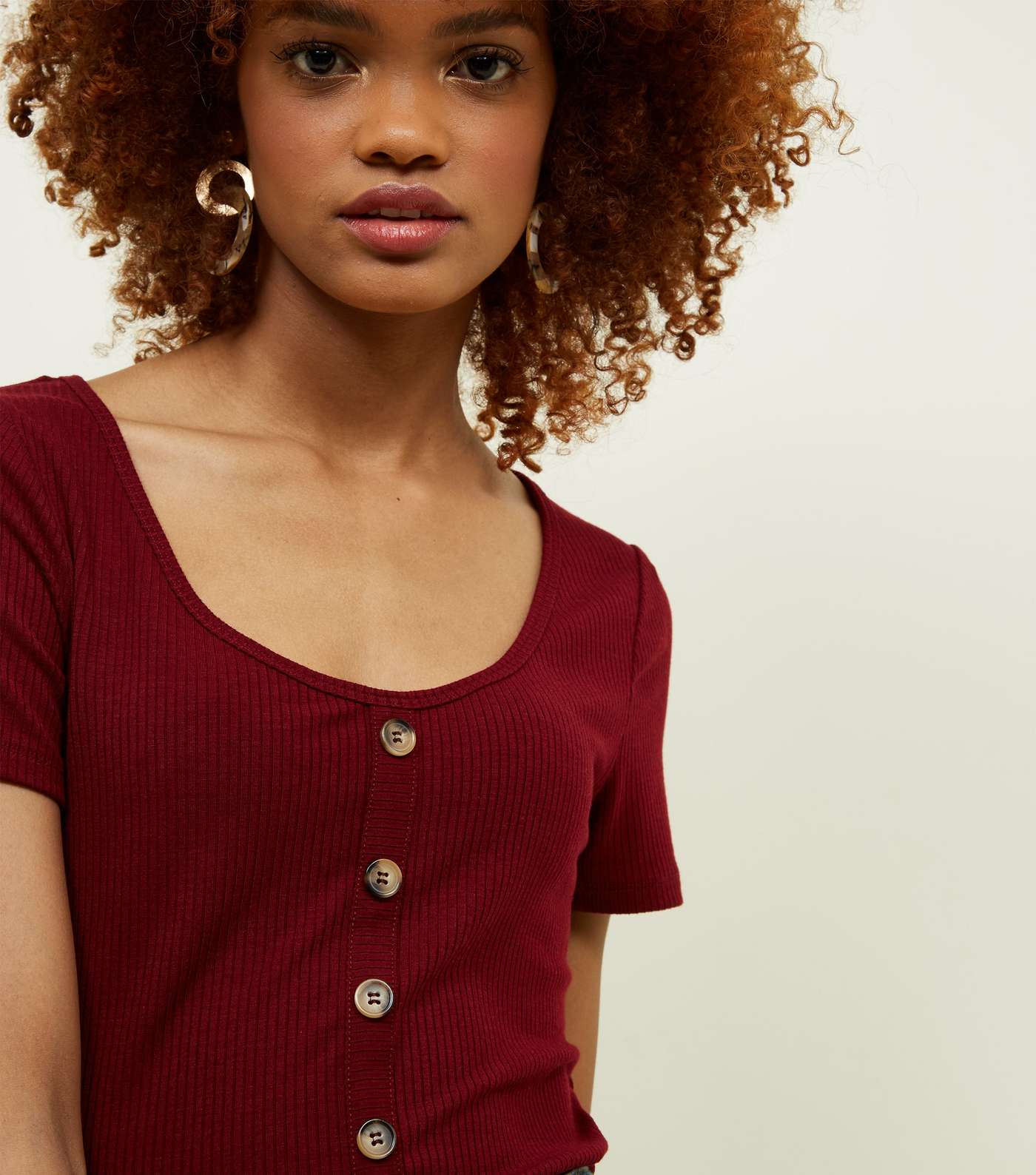 Burgundy Button Trough Ribbed T-Shirt Image 6