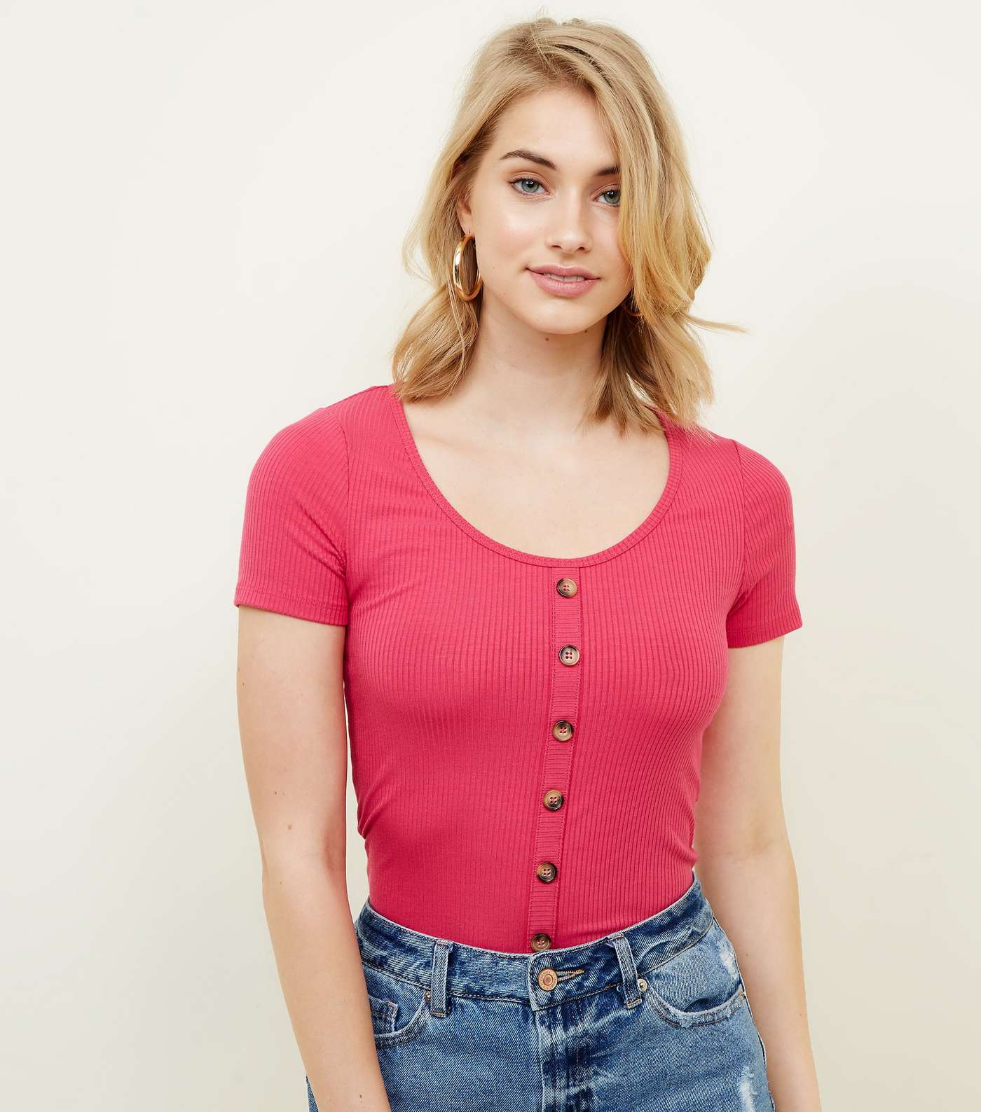 Bright Pink Button Through Ribbed T-Shirt