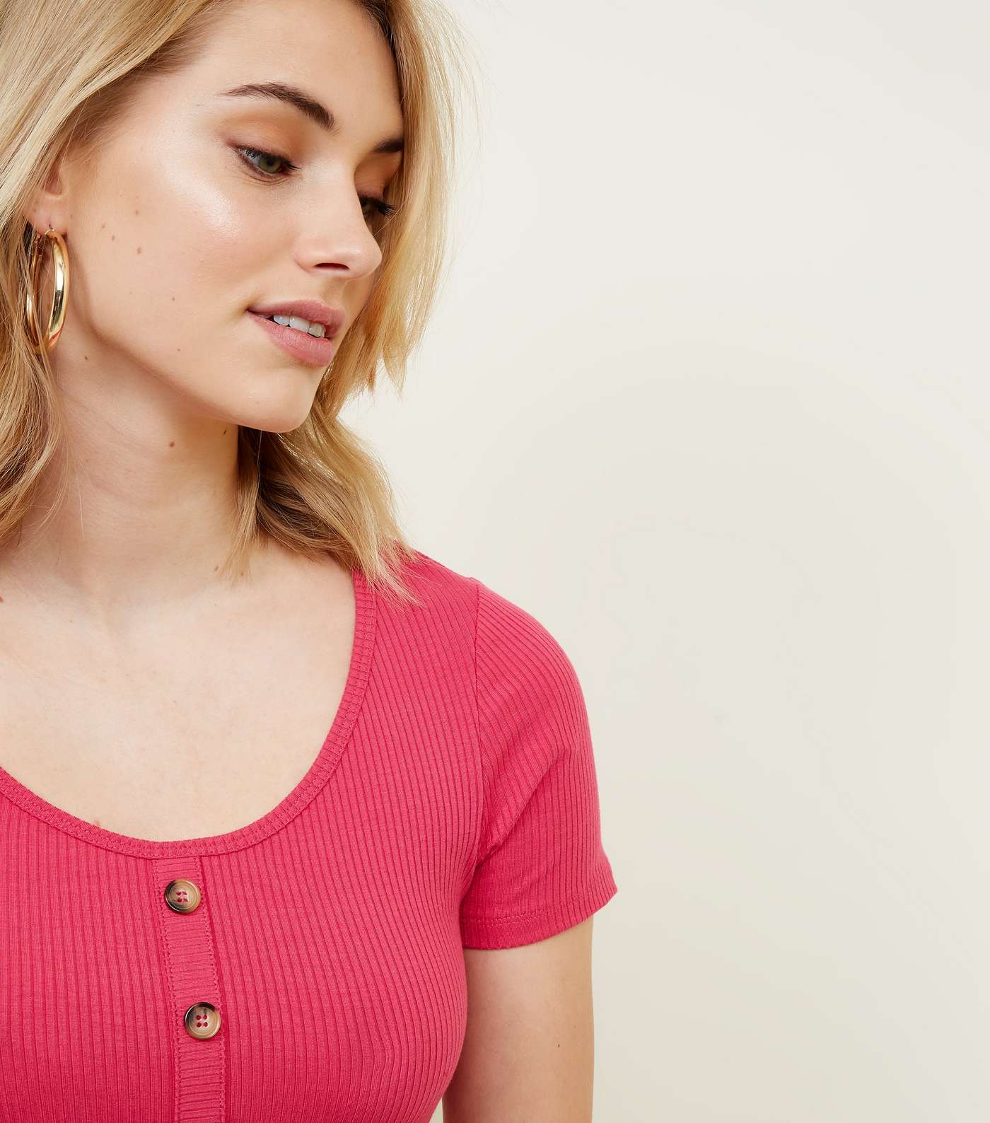 Bright Pink Button Through Ribbed T-Shirt Image 5