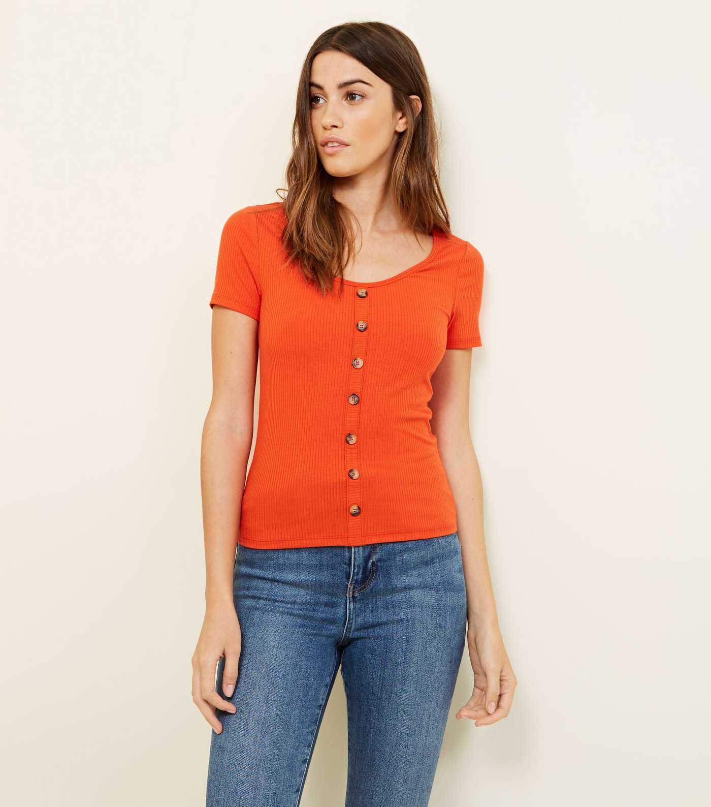 Bright Orange Button Through Ribbed T-Shirt