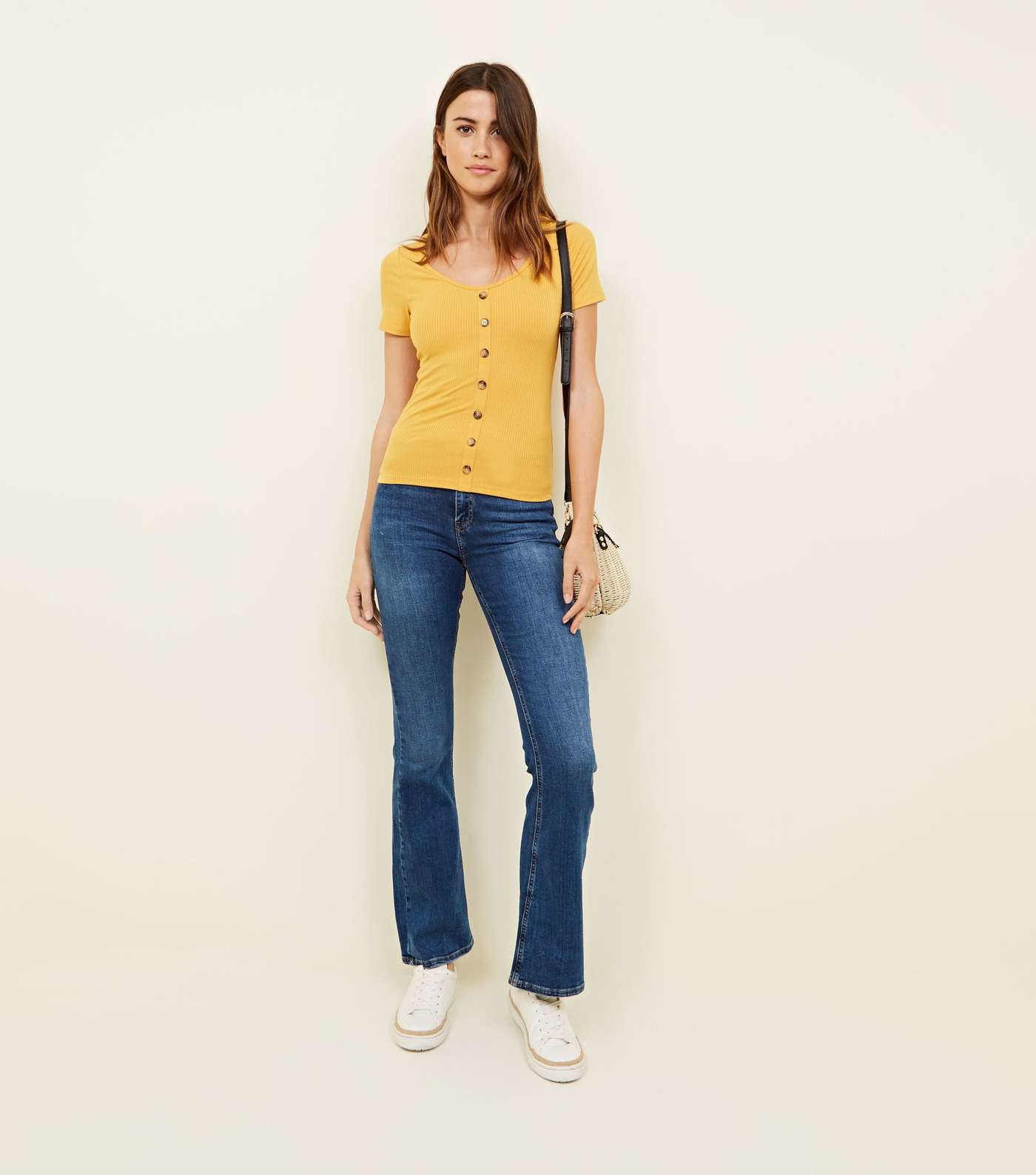 Yellow Button Through Ribbed T-Shirt Image 2