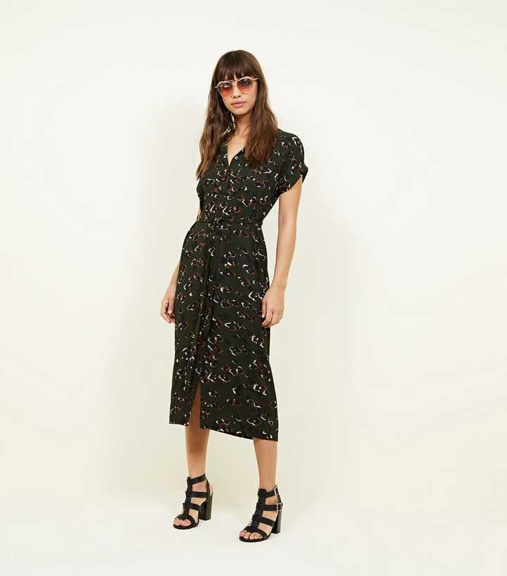 Dark Green Leopard Print Midi Shirt Dress | New Look