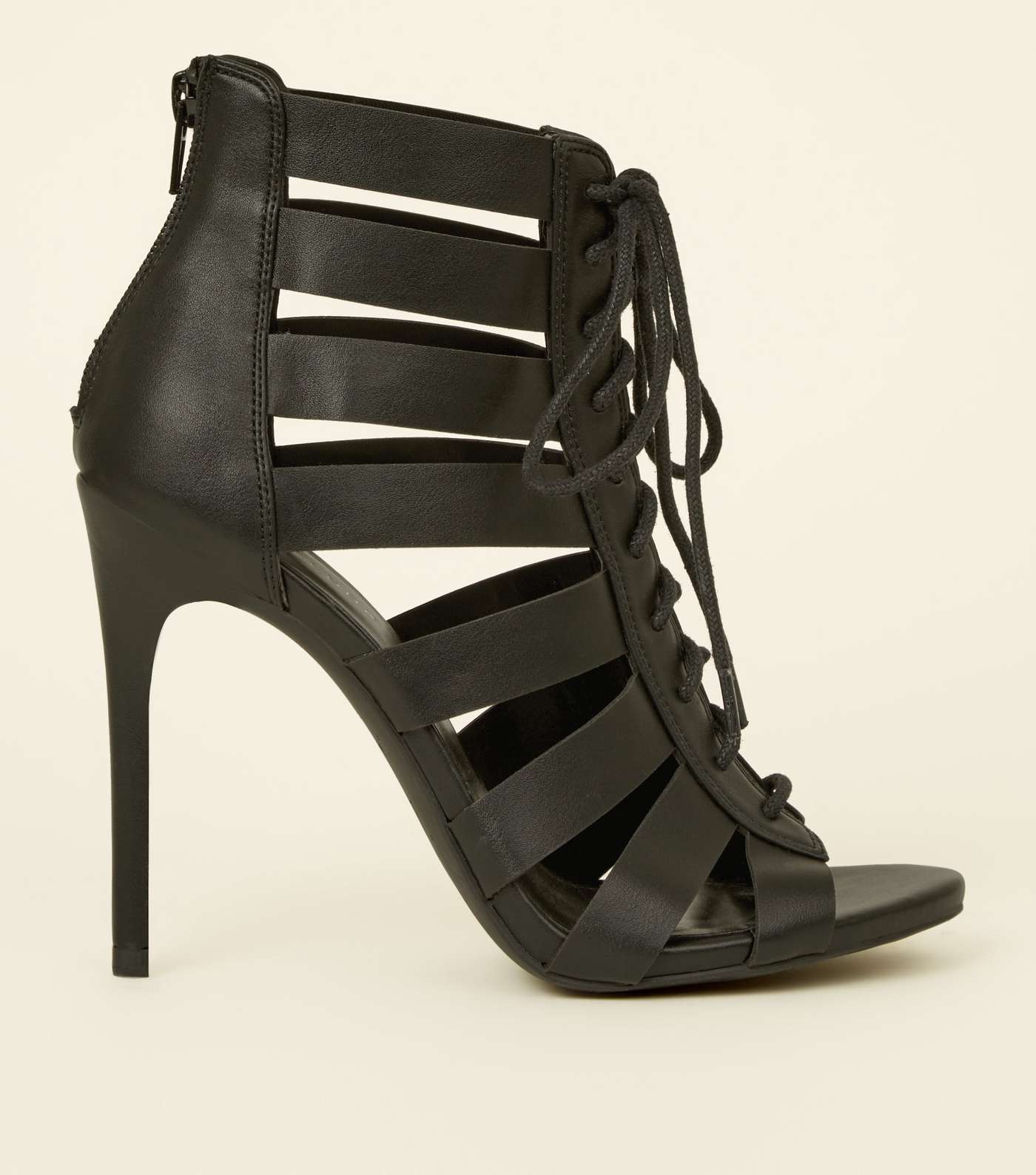 Black Lace-Up Gladiator Stiletto Heel Sandals 