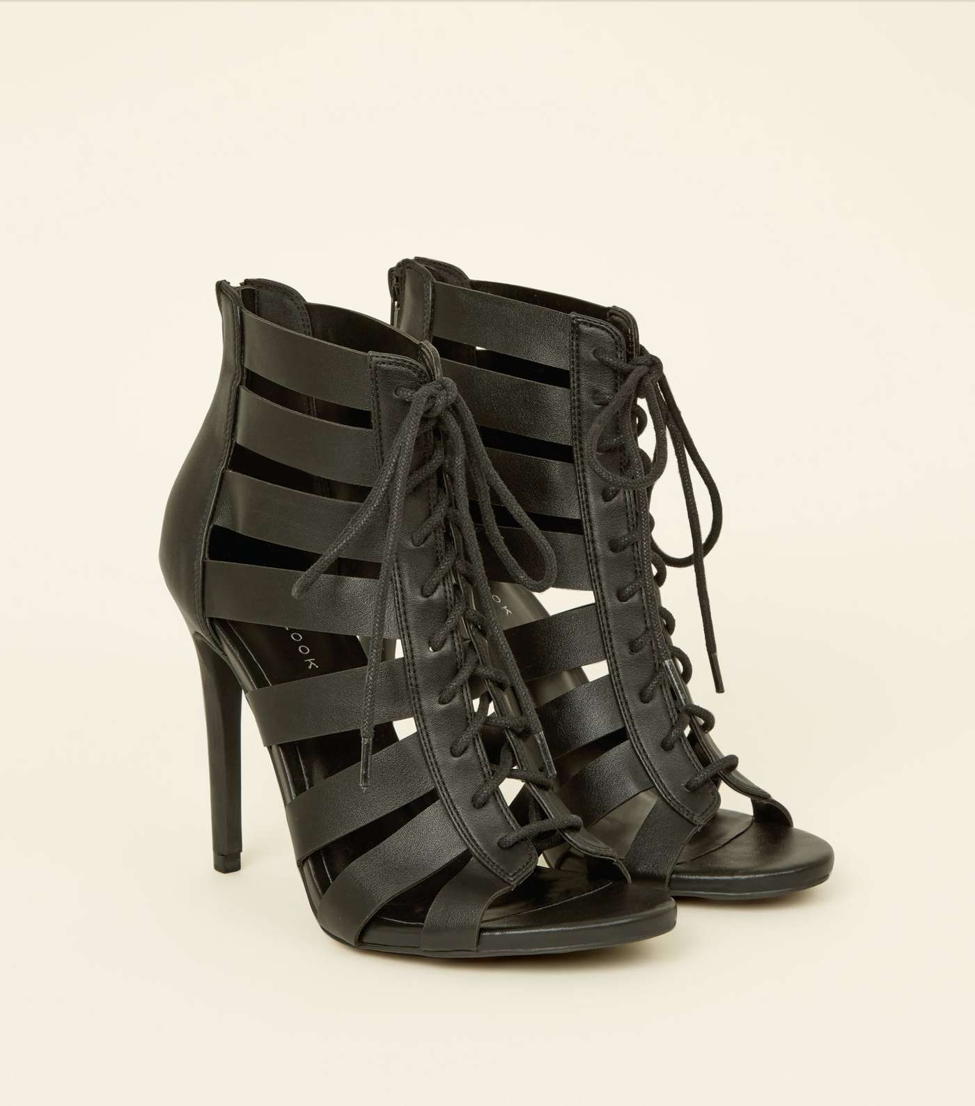 Black Lace-Up Gladiator Stiletto Heel Sandals  Image 3