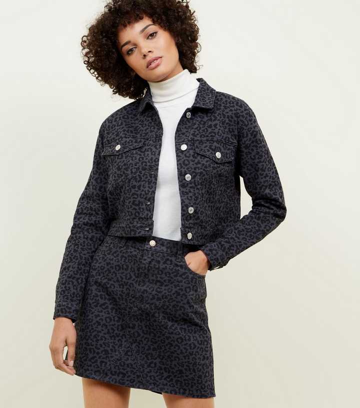 Grey Leopard Print Denim Mini Skirt 