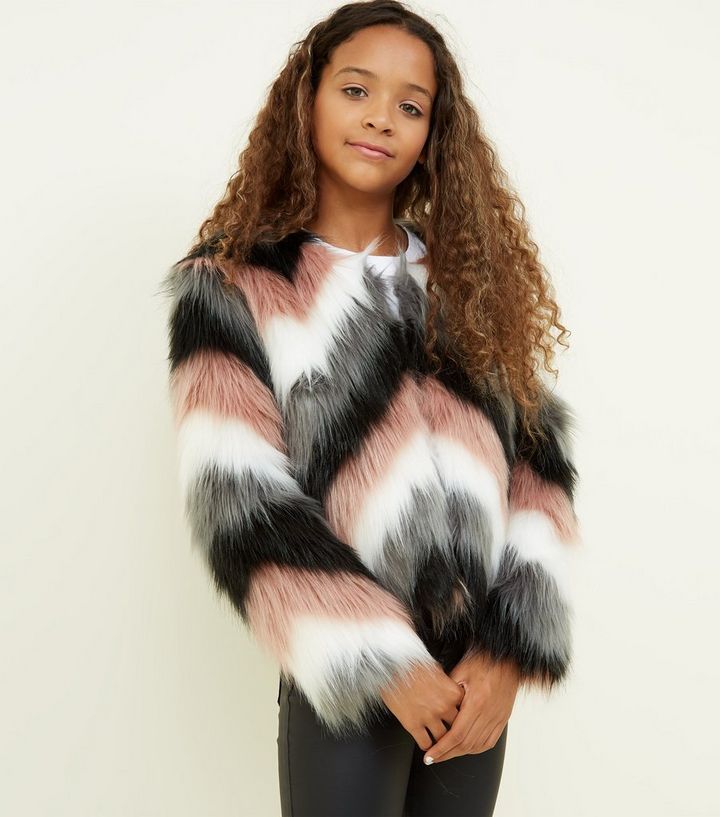 Girls Black Chevron Faux Fur Jacket, Childrens Faux Fur Coats Jackets Black