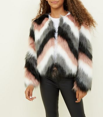 Girls Black Chevron Faux Fur Jacket New Look