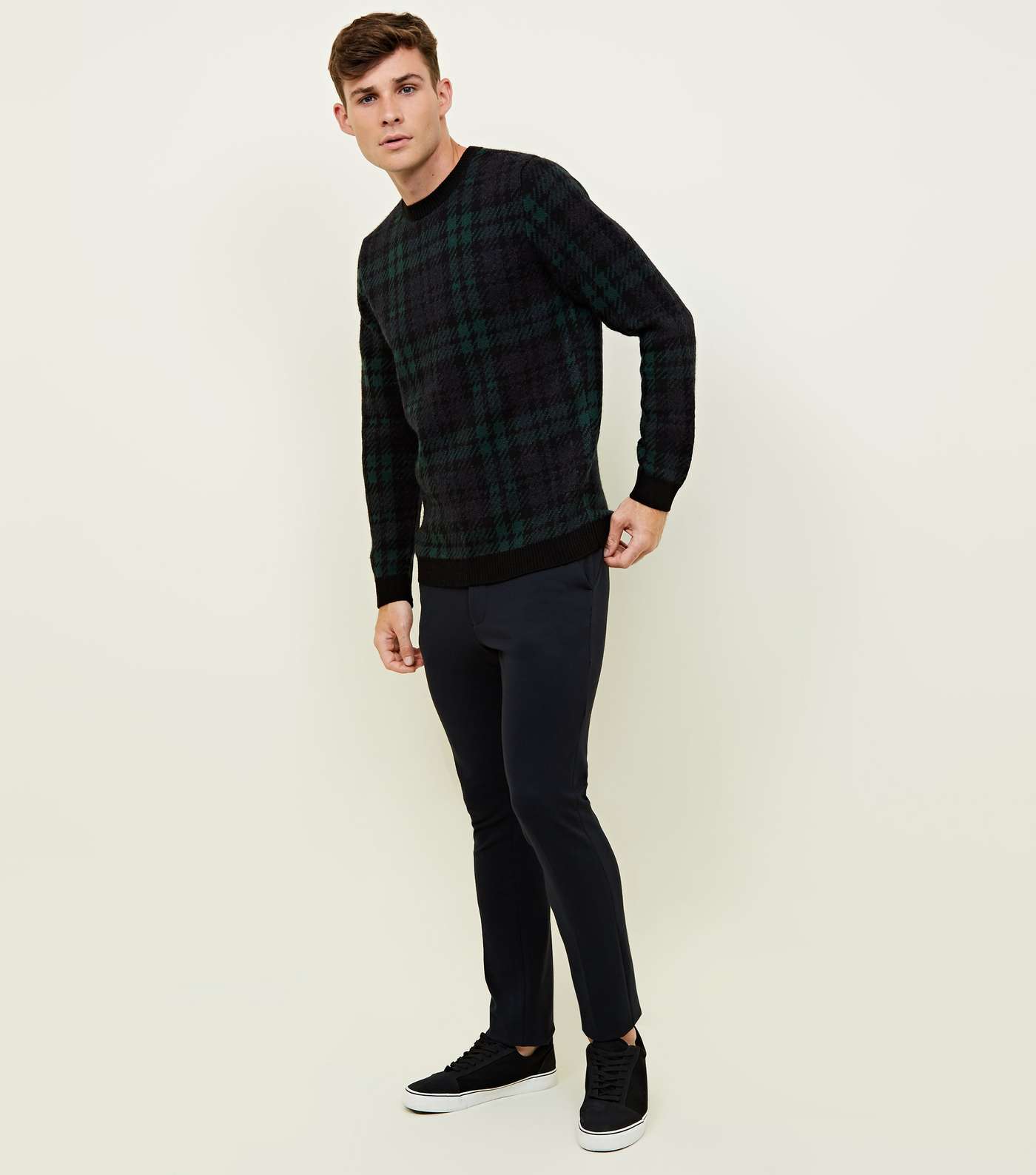 Navy Check Crew Neck Knitted Jumper  Image 2