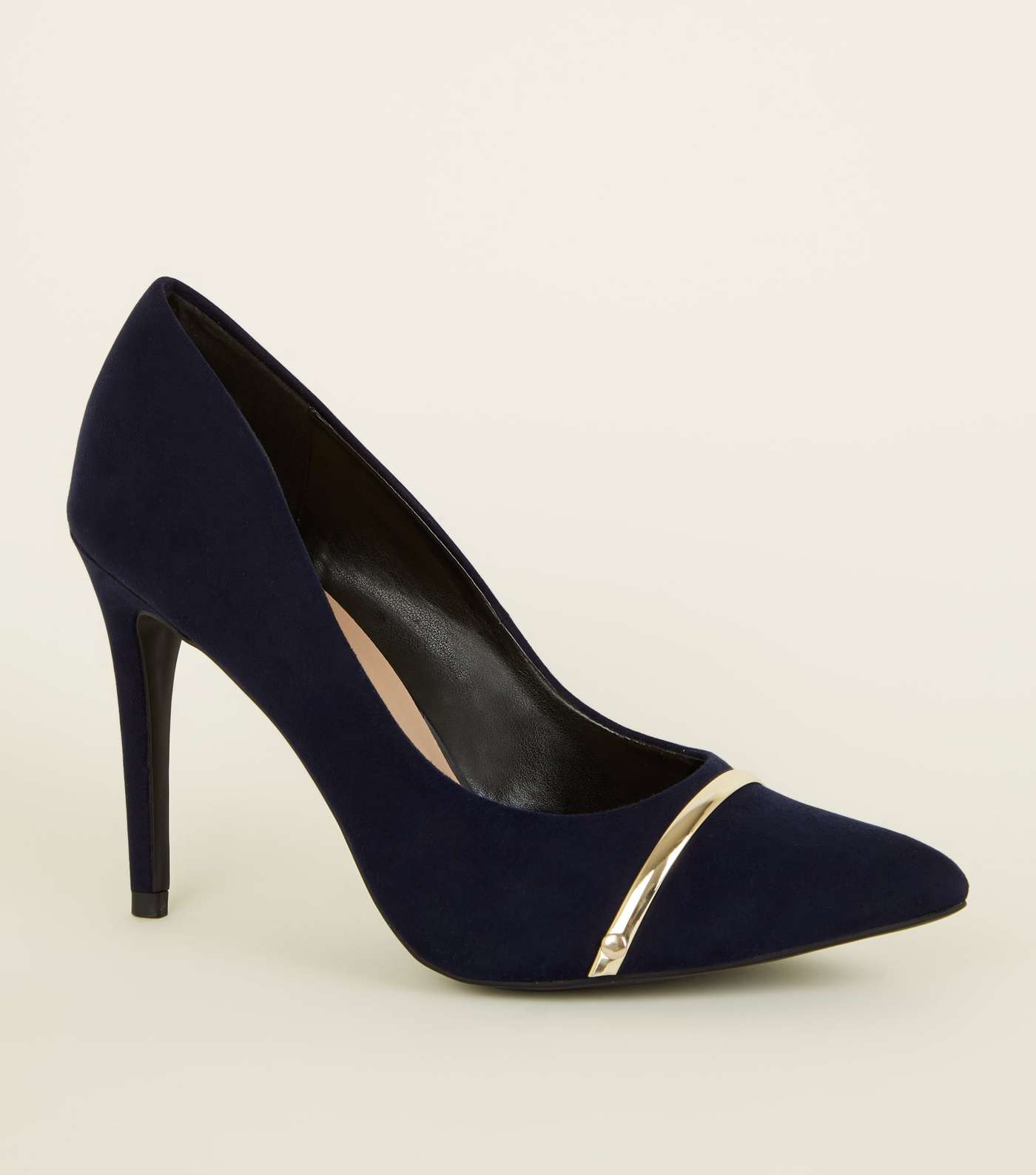 Navy Suedette Metal Bar Pointed Courts