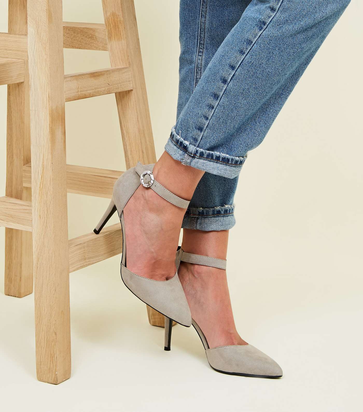 Grey Suedette Buckle Strap Heels Image 2