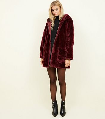 new look burgundy fur coat