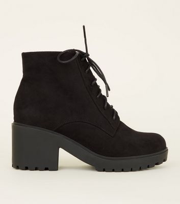 Girls Black Suedette Chunky Heel Lace Up Boots New Look