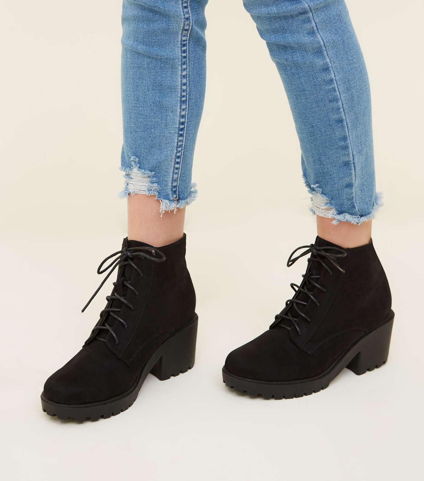 Girls Black Suedette Chunky Heel Lace Up Boots Image 2