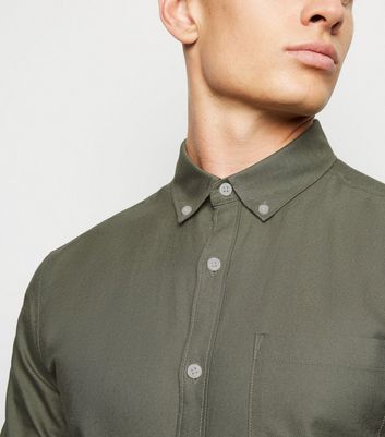 Image of Olive Cotton Long Sleeve Oxford Shirt New Look