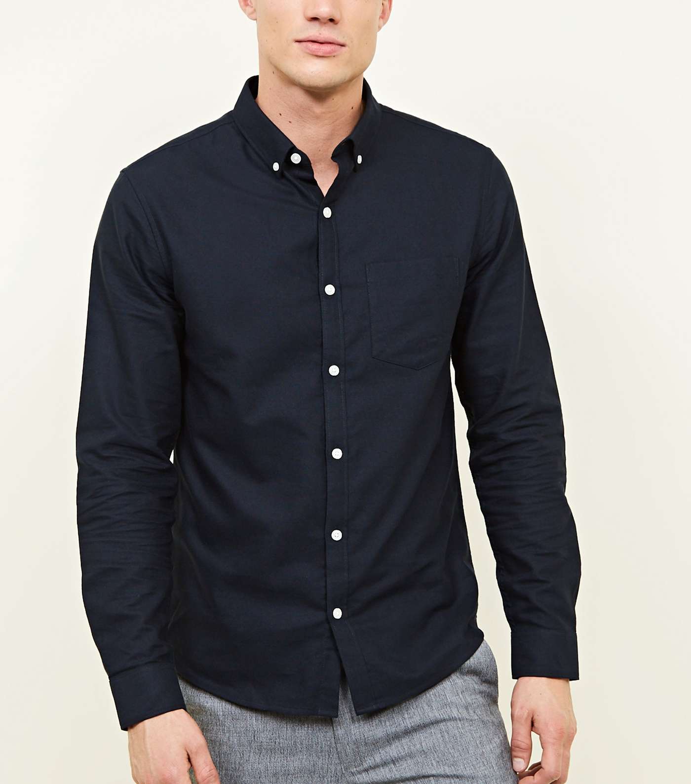 Navy Cotton Long Sleeve Oxford Shirt