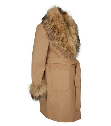 camel detachable faux fur trim coat