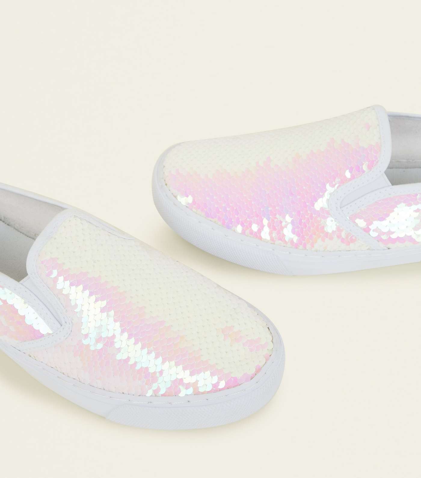Off White Sequin Slip On Trainers Image 3