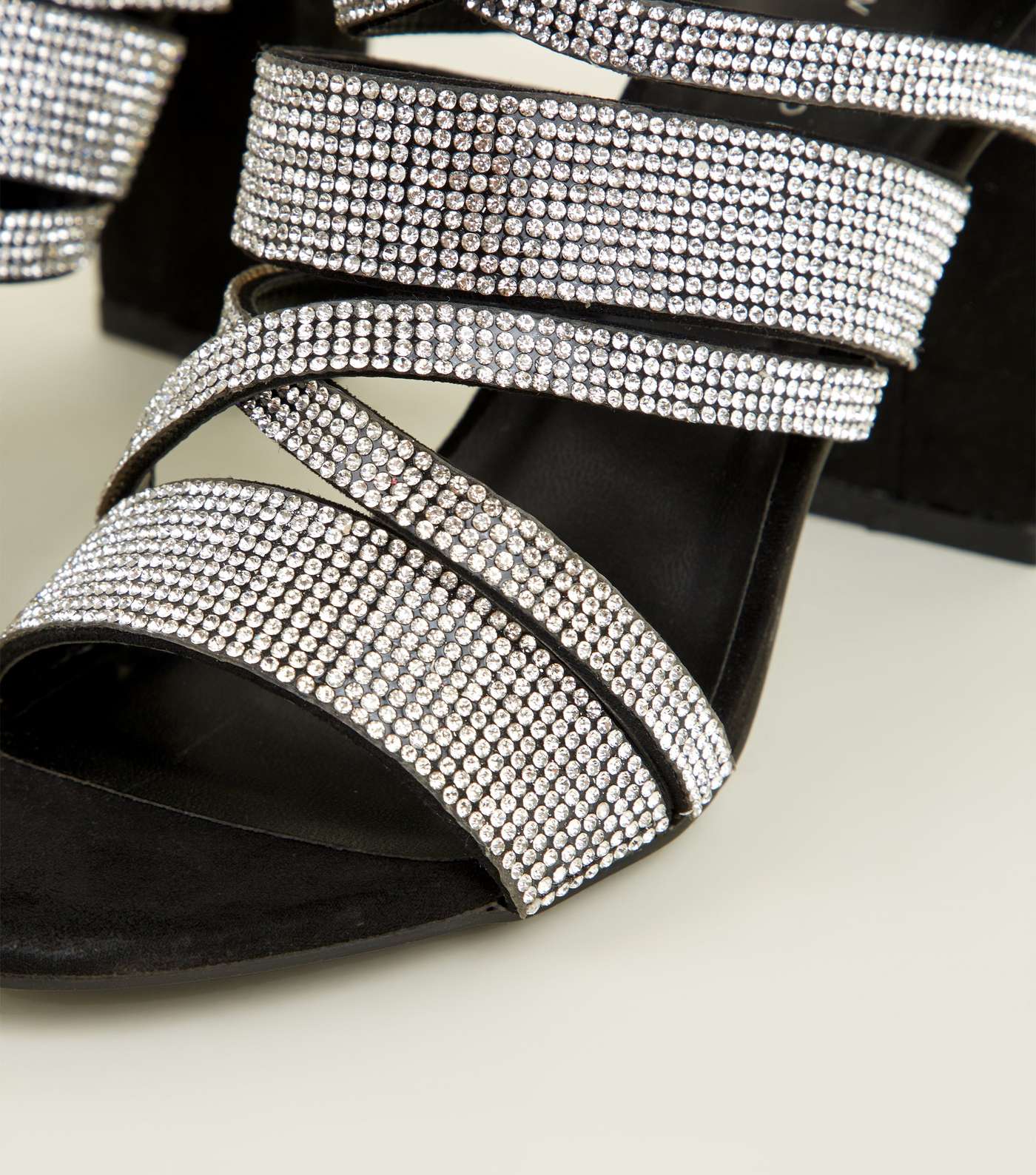 Black Suedette Diamanté Strappy Block Heels Image 4