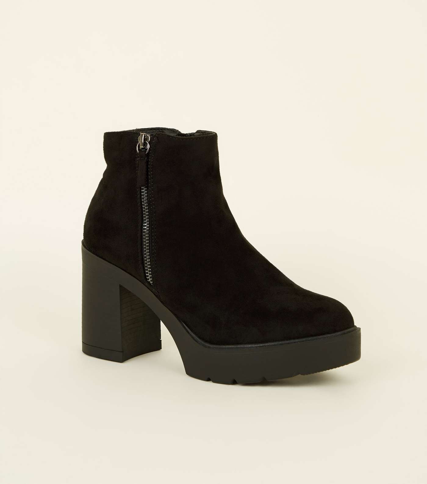 Black Suedette Zip Side Chunky Heel Ankle Boots
