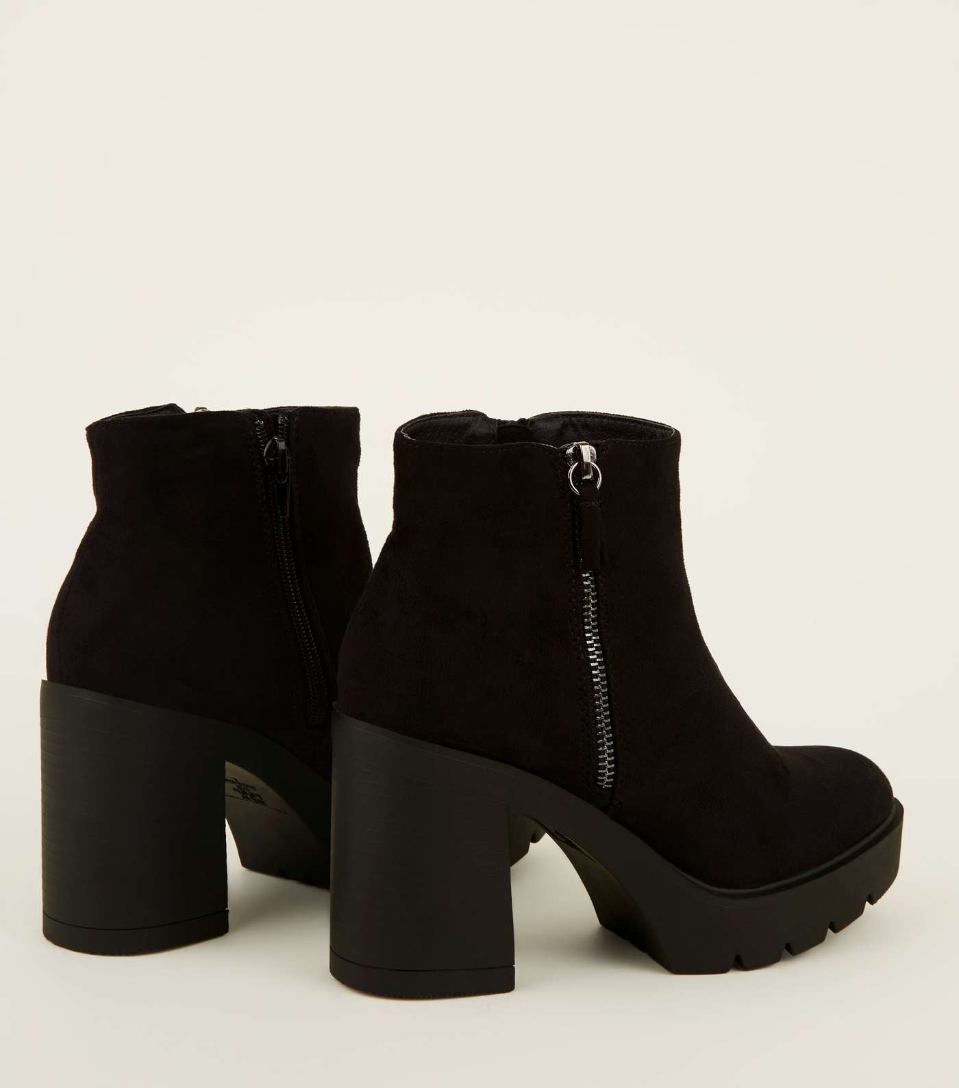 Black Suedette Zip Side Chunky Heel Ankle Boots Image 3