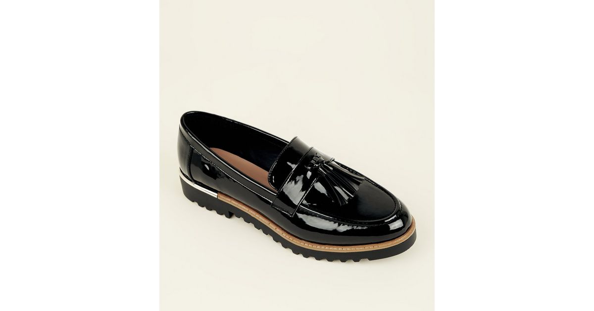 Black Patent Tassel Front Chunky Loafers New Look
