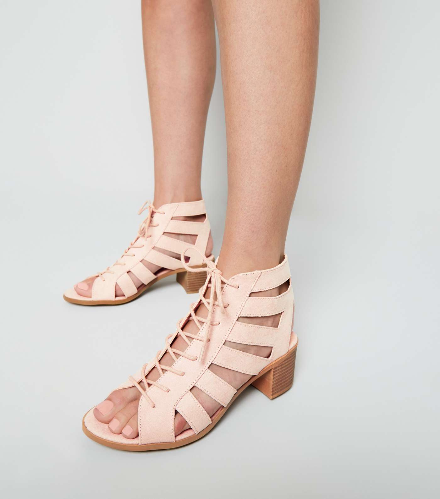 Nude Suedette Cut Out Mid Heel Ghillie Sandals Image 2