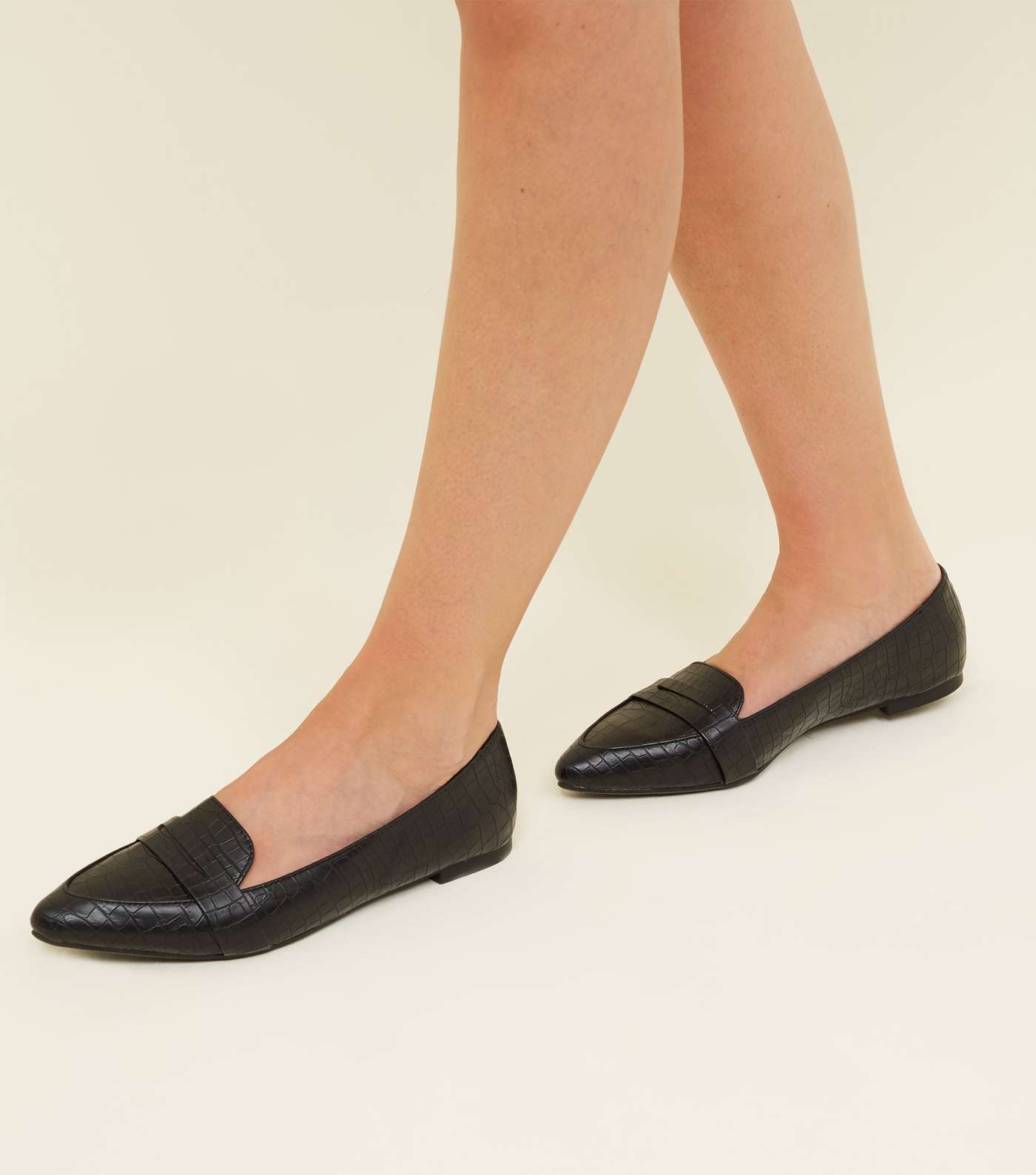 Black Faux Croc Pointed Penny Loafers Image 2