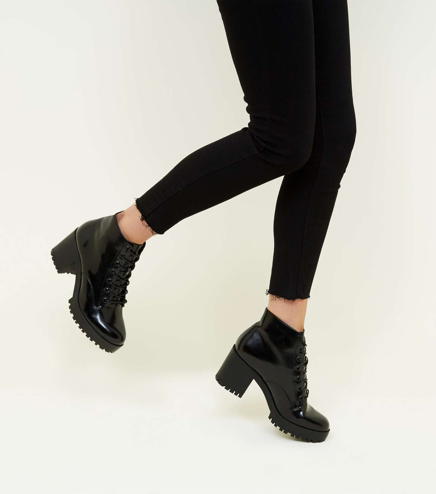 Black Patent Lace Up Chunky Ankle Boots Image 2