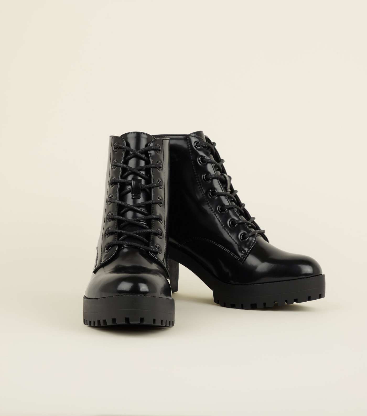 Black Patent Lace Up Chunky Ankle Boots Image 4