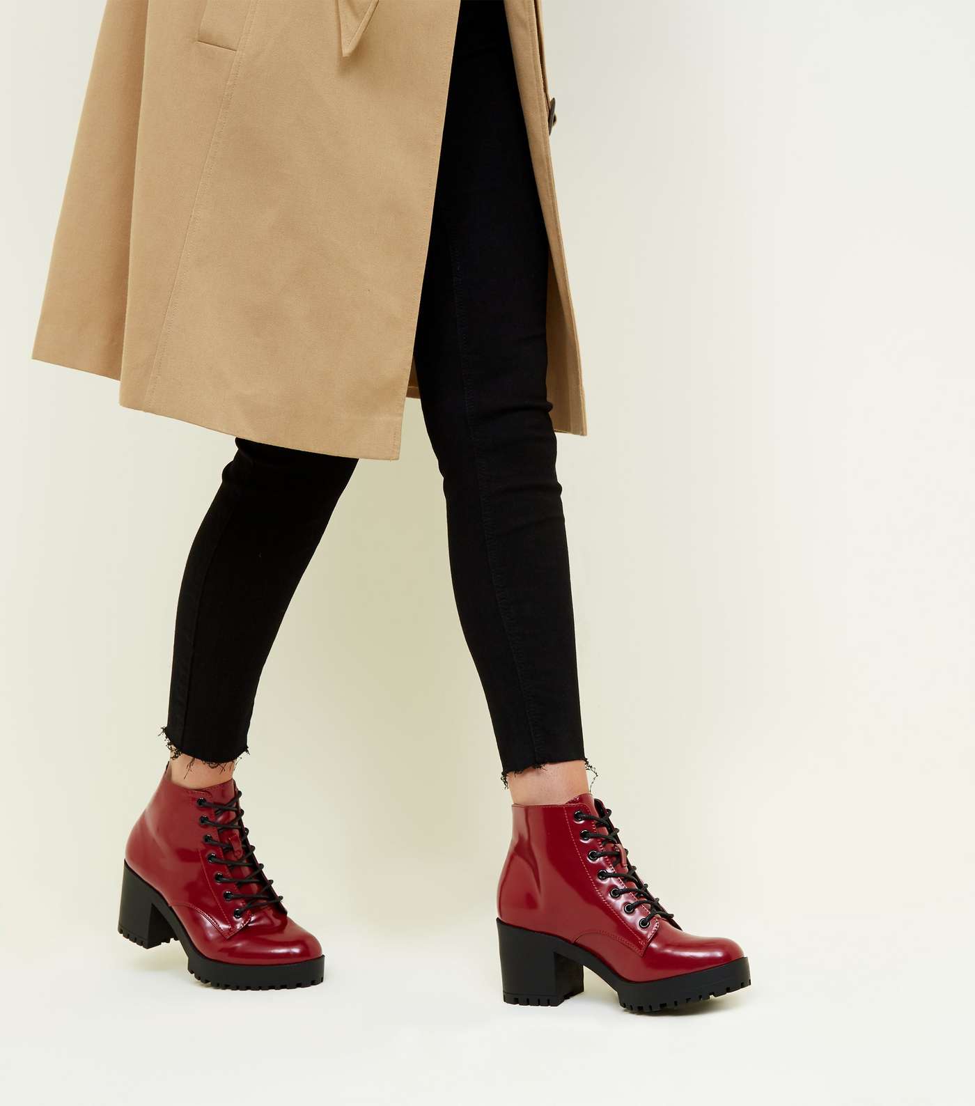 Dark Red Patent Lace Up Chunky Ankle Boots Image 2