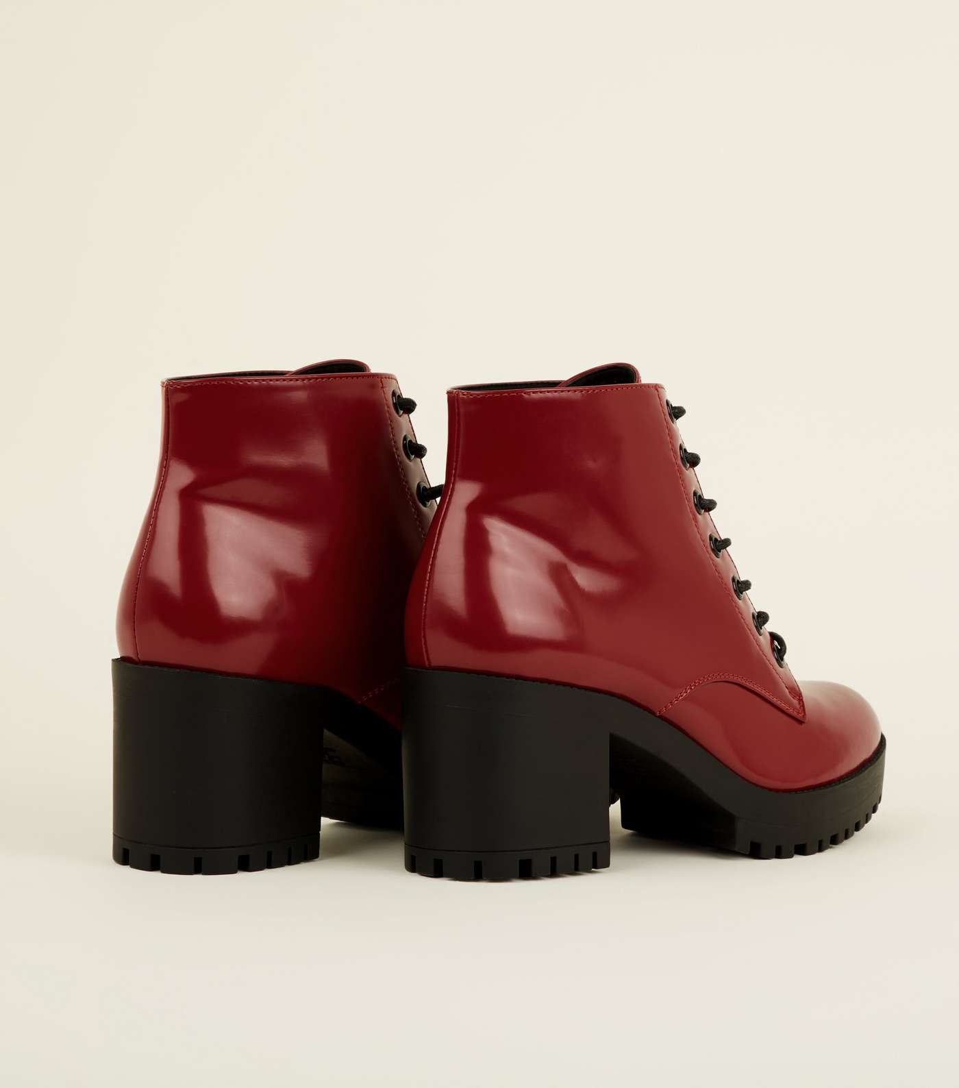 Dark Red Patent Lace Up Chunky Ankle Boots Image 4
