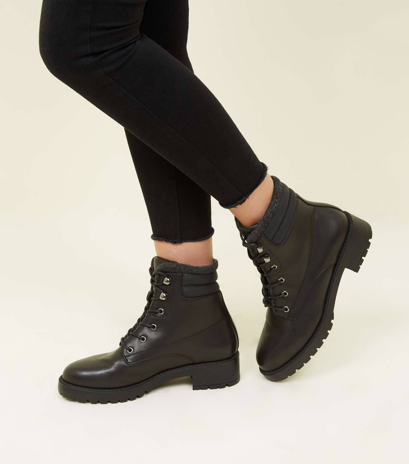 Black Leather-Look Chunky Hiker Boots Image 2
