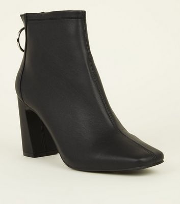 Black Ring Zip Flared Heel Ankle Boots 