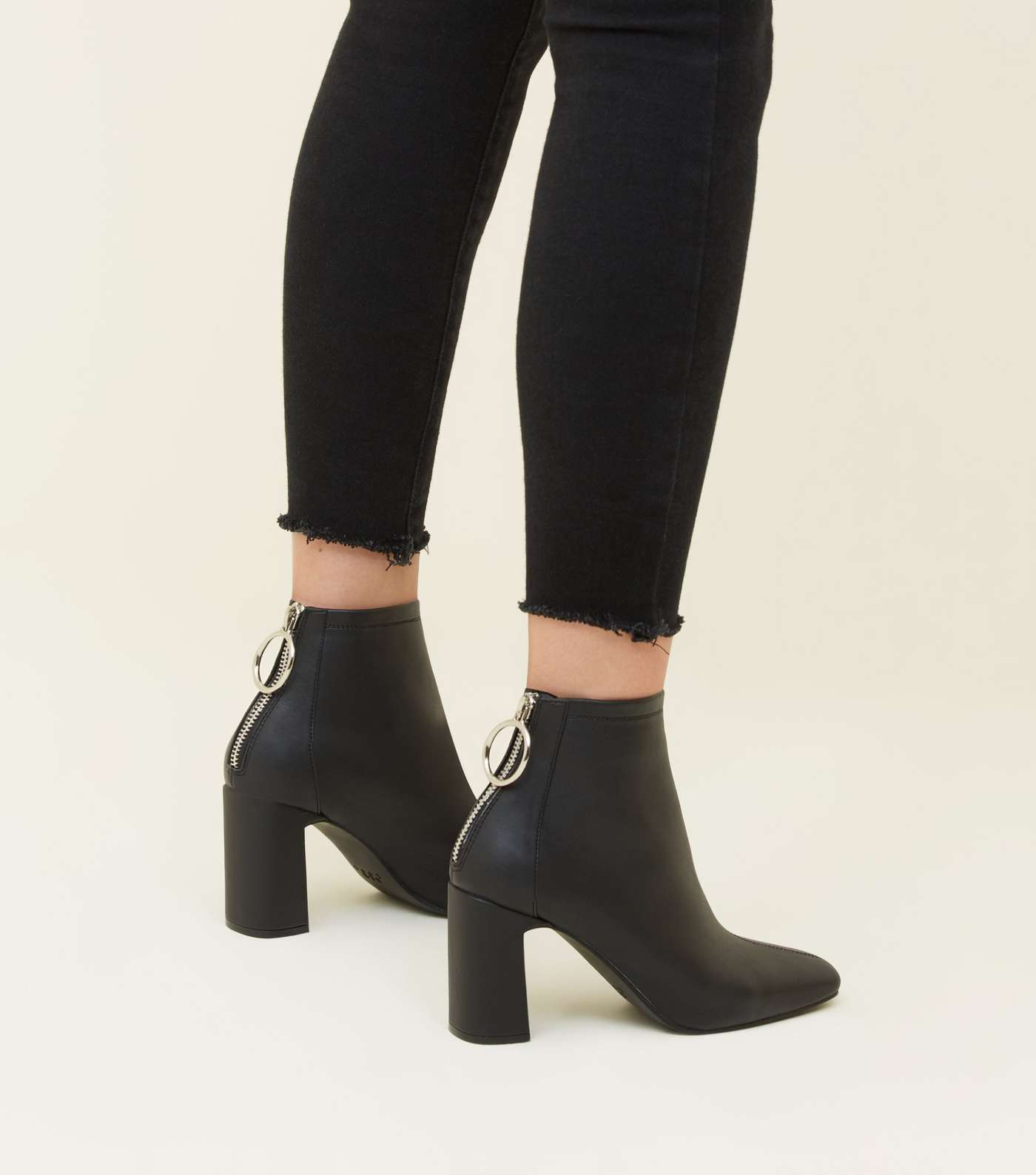 Black Ring Zip Flared Heel Ankle Boots Image 2
