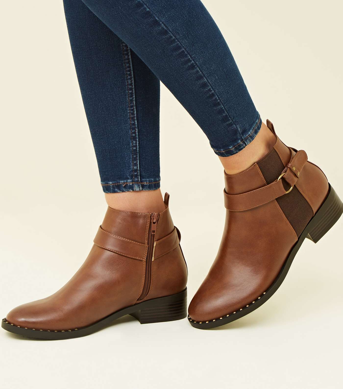 Tan Studded Low Heel Chelsea Boots Image 2