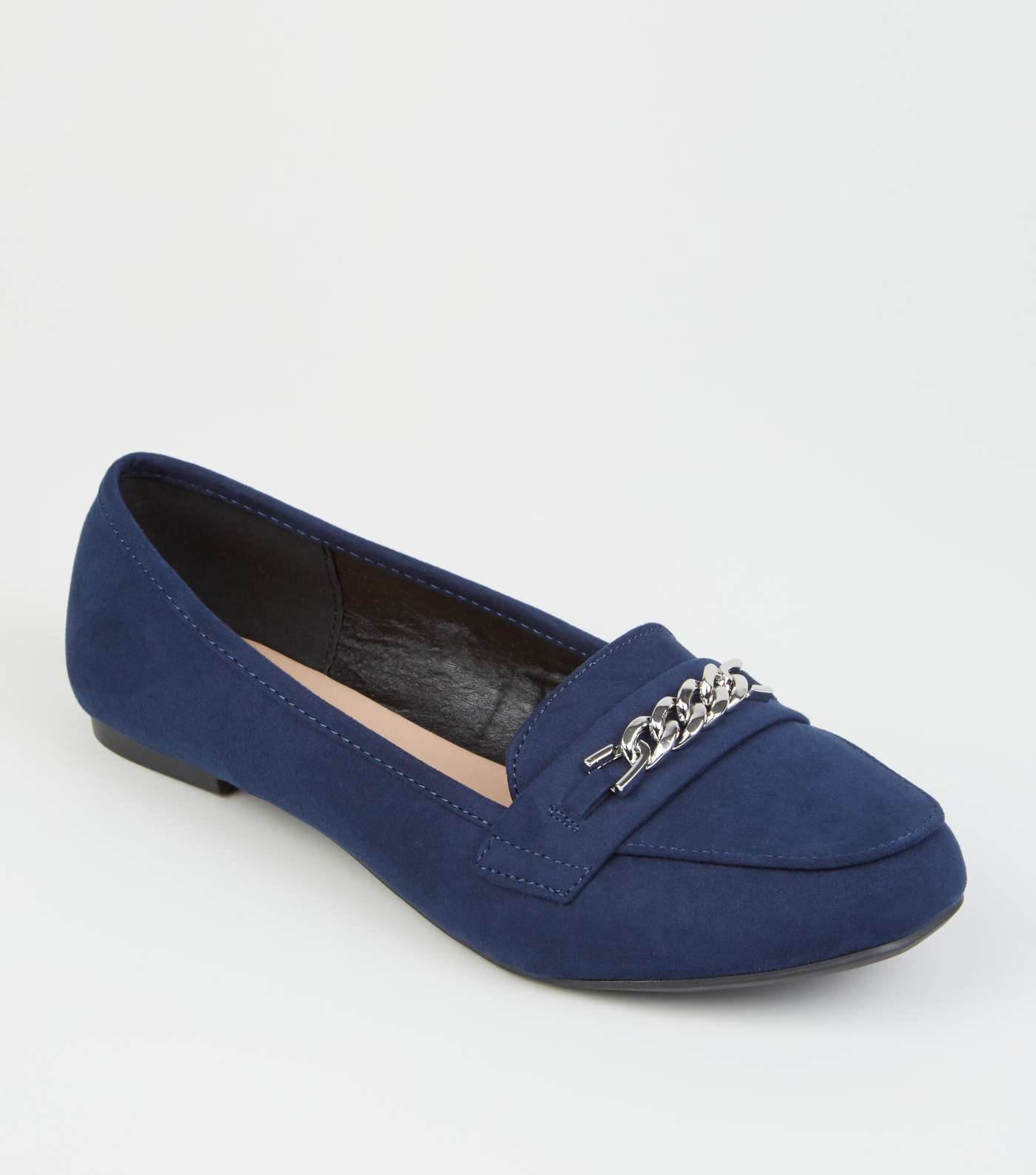 Wide Fit Navy Suedette Chain Loafers