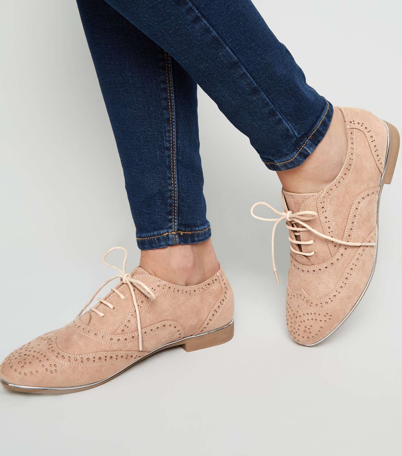 Wide Fit Nude Suedette Piped Edge Brogues Image 2