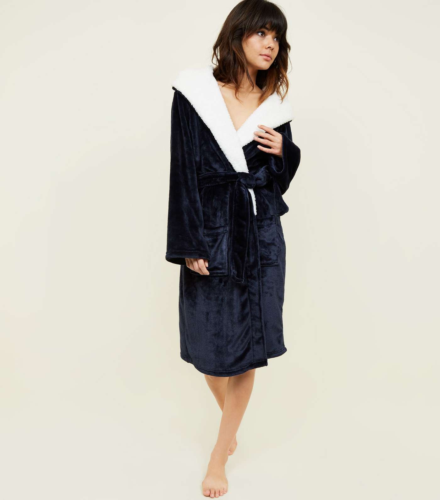 Navy Hooded Borg Dressing Gown 