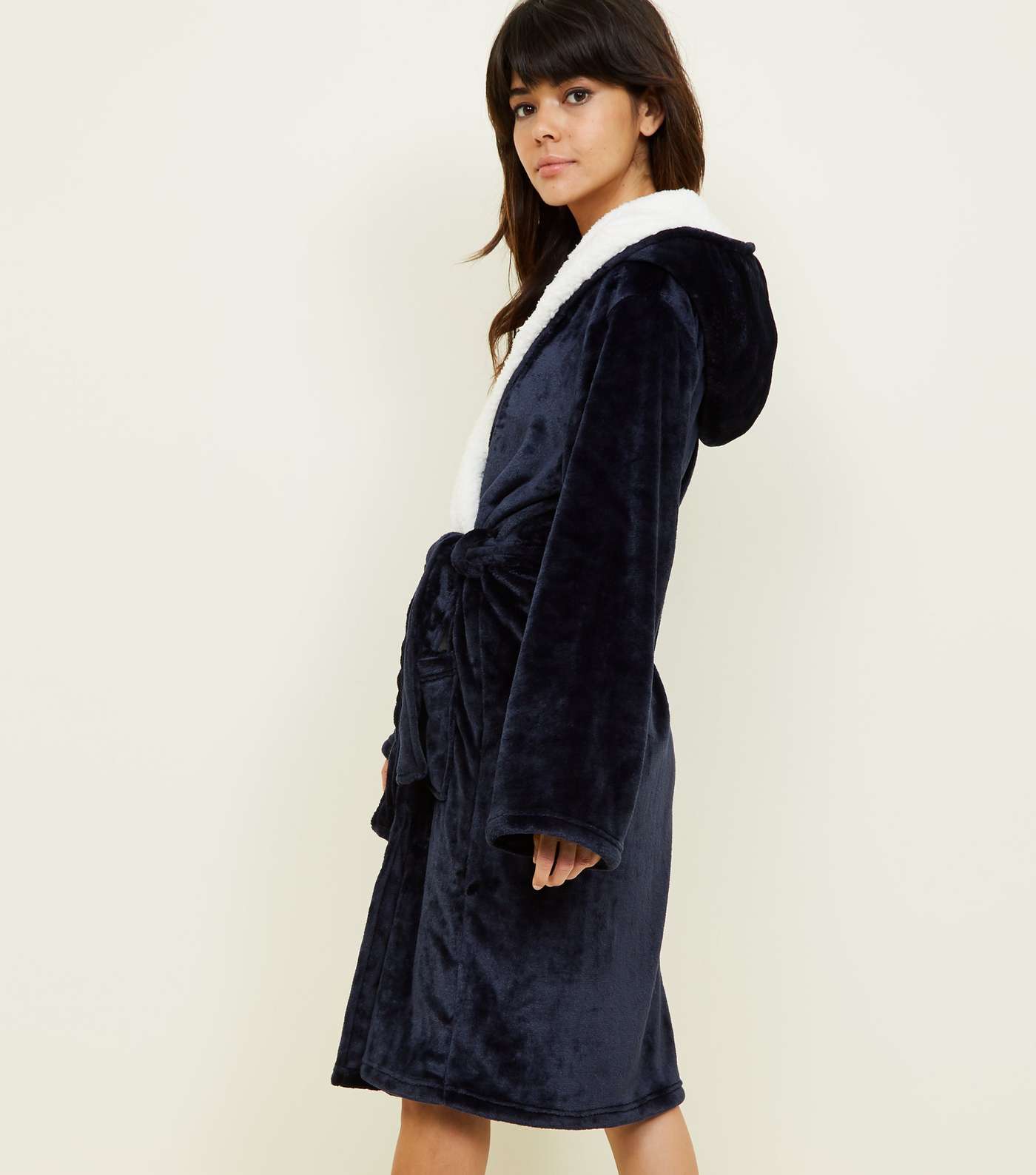 Navy Hooded Borg Dressing Gown  Image 3