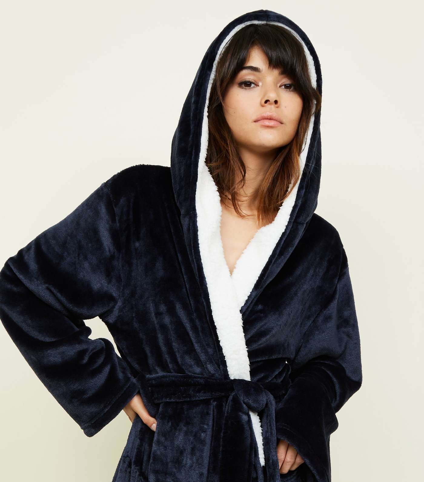 Navy Hooded Borg Dressing Gown  Image 5