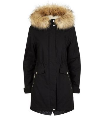 Black Faux Fur Hooded Parka Jacket New Look