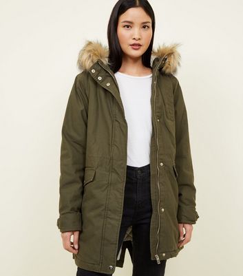 Khaki Faux Fur Hooded Parka Jacket | New Look