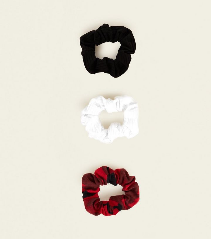 3 Pack Black Red And White Hair Scrunchies New Look