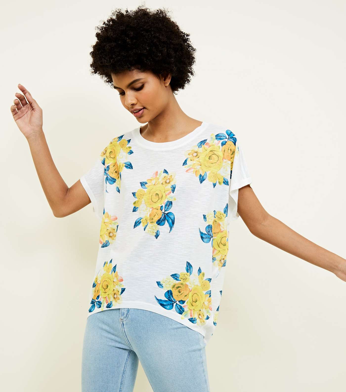 Blue Vanilla White and Mustard Rose Print Frill Sleeve Top