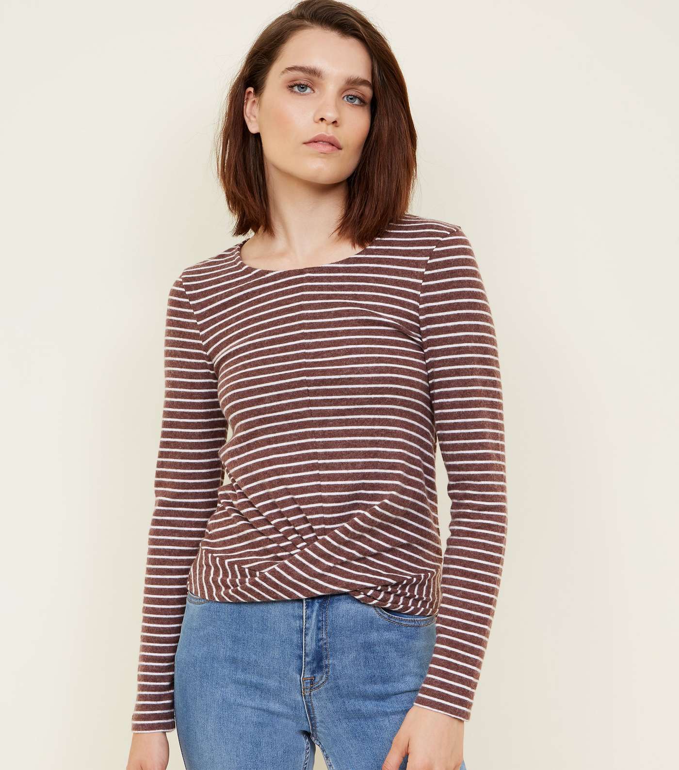 Brown Stripe Brushed Twist Front Top