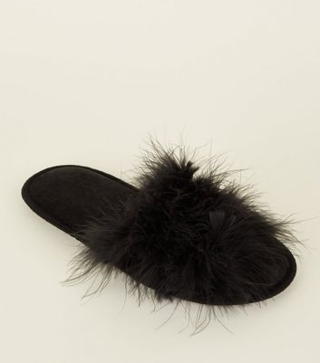 black feather slippers