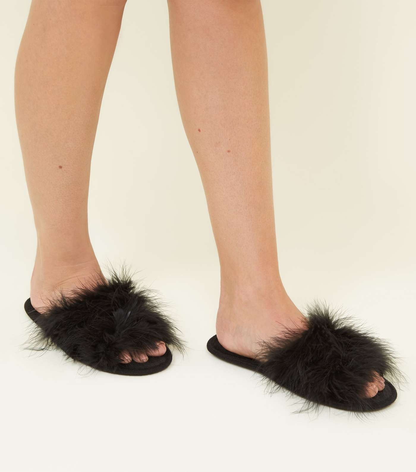 Black Fluffy Feather Slider Slippers Image 2